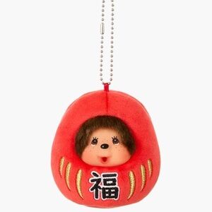 Red 4 inch Monchhichi Daruma Plush Keychain Japan